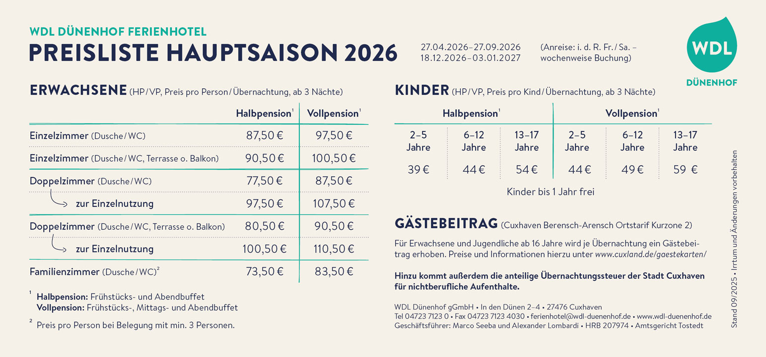 Preisliste Hauptsaison Hauptsaison Preise Dünenhof Ferienhotel