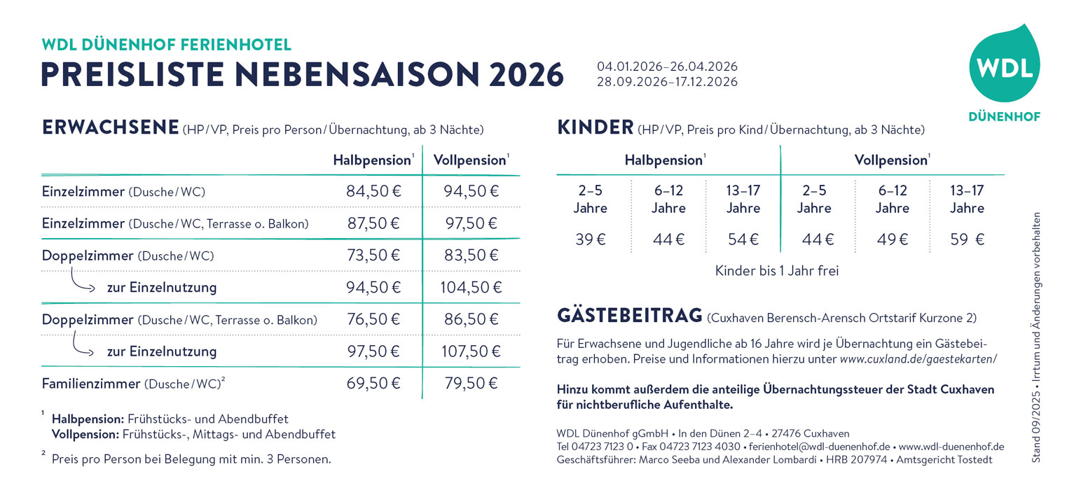 Preisliste Nebensaison Nebensaison Preise Dünenhof Ferienhotel